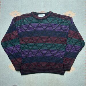 Vintage 90s acrylic knit sweater geometric diamonds multicolor soft USA large